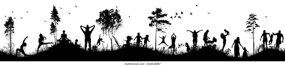 Family in nature. Silhouettes of people. Vector illustration
