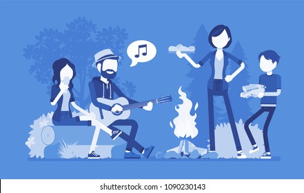 Family near campfire. Parents and children camping at night near fire, staying outside, enjoy weekend singing and eating together, recreation adventure time. Vector illustration, faceless characters