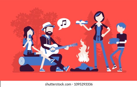 Family near campfire. Parents and children camping at night near fire, staying outside, enjoy weekend singing and eating together, recreation adventure time. Vector illustration, faceless characters