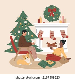 Familie in der Nähe des Weihnachtsbaumes und des Kamins und des Korgi-Hundes. Schwangere Frau und Mann, um Weihnachten oder Neujahr zu feiern. Handgezeichnete farbige Vektorgrafik einzeln auf hellem Hintergrund. Flacher Cartoon-Stil.