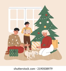 Family near the Christmas tree, gift boxes and cat. Father, mother and boy exchange gifts, xmas tradition. Hand drawn colored vector illustration isolated on light background. Flat cartoon style.