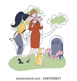 Familie in der Nähe von Grab. Zwei Frauen mit Blumen und Hund auf dem Friedhof. Frustration und Depression. Grabstein auf dem Friedhof. Witwe mit gebrochenem Herzen. Lineare Vektorillustration isoliert auf weißem Hintergrund