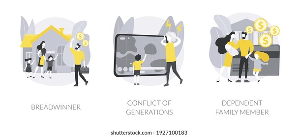 Family needs and communication abstract concept vector illustration set. Breadwinner, conflict of generations, dependant family member, disabled parent, freelance work, businessman abstract metaphor.