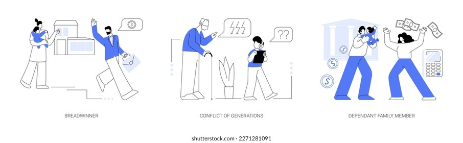 Family needs and communication abstract concept vector illustration set. Breadwinner, conflict of generations, dependant family member, disabled parent, freelance work, businessman abstract metaphor.