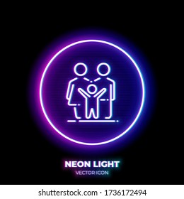 Family neon light line art vector icon. Outline symbol of group of people. Mother, father and kid pictogram made of thin stroke. Isolated on background.