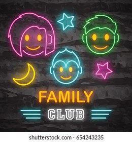 family neon logo, vector neon glow on dark background