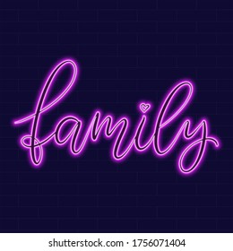 Family Neon sign with lettering on dark background vector illustration. Logo design template. Light banner, glowing neon signboard for advertising.