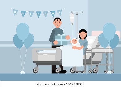 Familia con recién nacido en la sala azul moderna de parto. Primeros momentos en el hospital de los padres y sus hijos. Vector