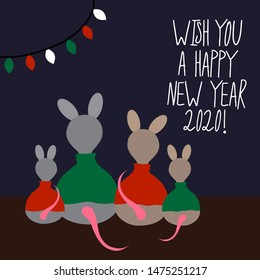 Family New Year celebration card with cute and funny rats