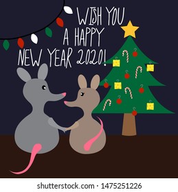 Family New Year celebration card with cute and funny rats