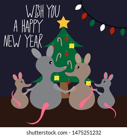 Family New Year celebration card with cute and funny rats