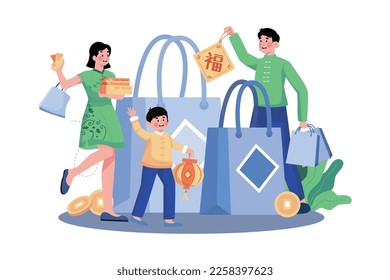 Family New Year Shopping Illustration concept on white background