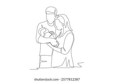 A family with a newborn baby concept one-line drawing