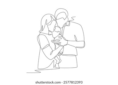 A family with a newborn baby concept one-line drawing