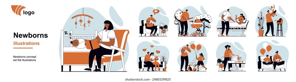 Familia con concepto de bebé recién nacido con personas escenas mega ambientado en Diseño web plano. Paquete de la situación de carácter con las madres y los padres cuidan a los niños, caminando, alimentándose, bañándose. Ilustraciones vectoriales.