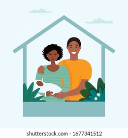 Family with newborn baby at home. Vector illustration in flat style. 
You can use this for coronavirus concept. Stay home to avoid the spread of coronavirus Covid-19