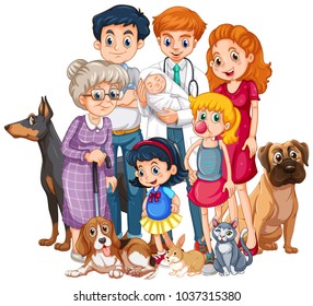 Family with newborn baby and many pet illustration