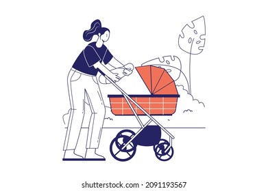 Family with newborn concept in flat line design for web banner. Mother puts her baby in stroller for walking in park, motherhood modern people scene. Vector illustration in outline graphic style