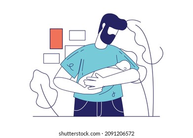 Family with newborn concept in flat line design for web banner. Father holding and hugging baby, parenthood, childcare and childhood modern people scene. Vector illustration in outline graphic style
