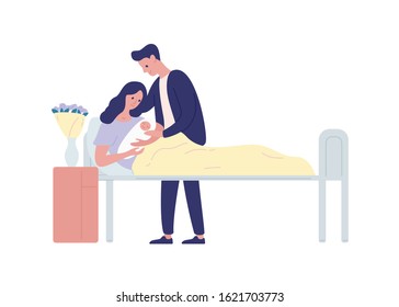 Family with newborn in maternity ward flat vector illustration. Childbirth and parenthood. Mother and father with child cartoon characters. Woman holding infant isolated on white background.