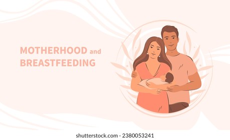 Family with newborn. Parents with child. Pregnancy and breastfeeding concept. Vector illustration.