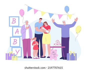 Family newborn party scene. Congratulations mom, woman holding baby. Happy parent and grandparents with cake and balloons, kicky birth vector concept