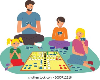 Actividades familiares en casa de juegos nocturnos. La gente se está divirtiendo en casa jugando cartas en el suelo. Pase tiempo en familia. Juego de mesa