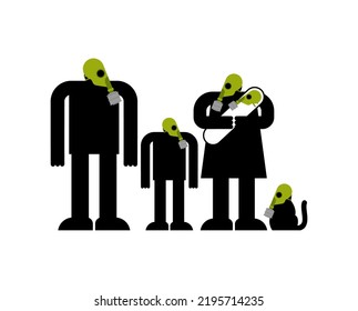 Family nuclear protection suits. Concept of nuclear war and ecological catastrophe.