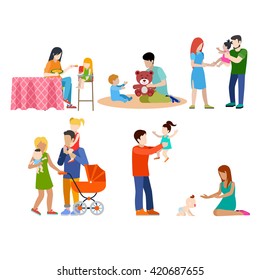 Family Nursing Babysitting Young People Parents Parenting Couple Flat Web Infographic Concept Vector Icon Set. Playground Babysitter Mother Father. Creative People Collection.