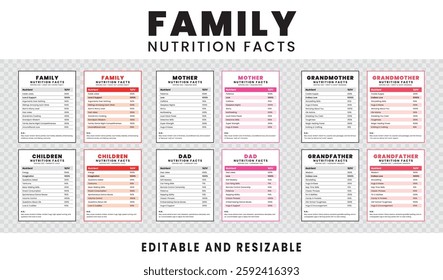 Family Nutrition Facts. Mother, Father, Children, Grandmother, grandfather Nutrition Facts Label and Nutrition List. Editable and Resizable Templates of Nutrition Facts.