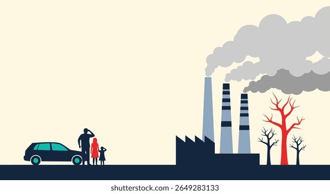 Family observing industrial pollution with a car nearby and dead trees near factories emitting smoke into the sky