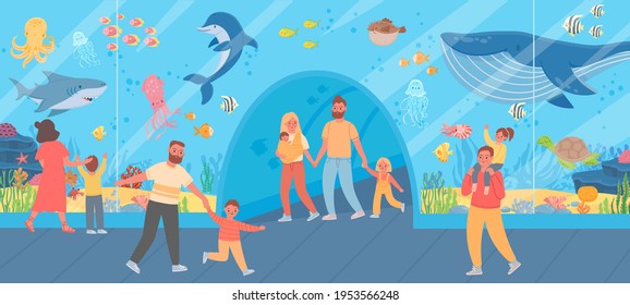 Family in oceanarium. Parents and kids look at big glass aquarium with ocean fish and sea animals. Underwater zoo excursion vector concept. Mother, father and children watching underwater life