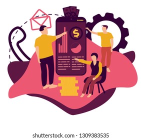 Family or office workers using mobile financial application. Mobile payment. Planning.  Vector illustration