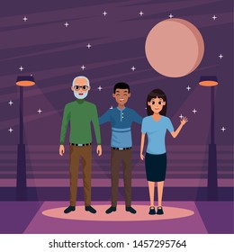 Family old father with adult daughter and afro son in the street at night ,vector illustration graphic design.