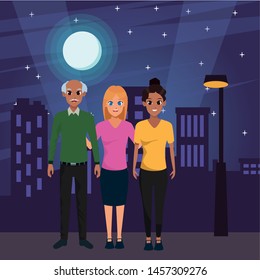 Family old father with adult daughters smiling in the city urban scenery background at night ,vector illustration graphic design.