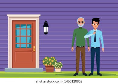 Family old father with adult son cartoon outside home scenery ,vector illustration graphic design.