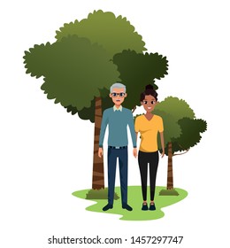 Family old father with adultt daughter smiling cartoon in nature outdoors scenery ,vector illustration graphic design.