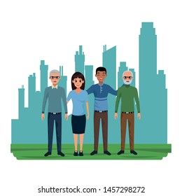 Family old fathers with adultt daughter and african son cartoon in the cirty, urban scenery background ,vector illustration graphic design.