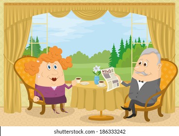 Family of old man and fat woman sitting at home near the table in front of the window with view on forest glade 