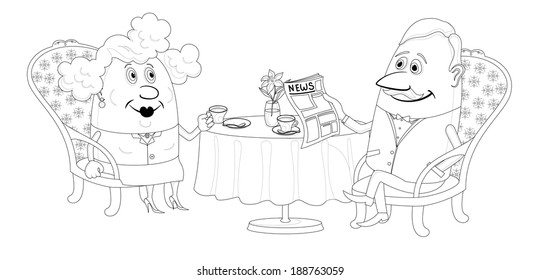Family of old man and fat woman sitting near the table and drinking coffee, funny cartoon illustration, black contour on white background. Vector