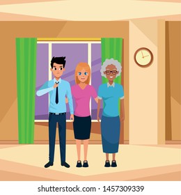 Family old mother with adult saughter and son inside home scenery with windows and wall clock ,vector illustration graphic design.