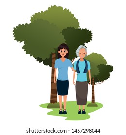 Family old mother with adultt daughter cartoon in nature outdoors scenery ,vector illustration graphic design.