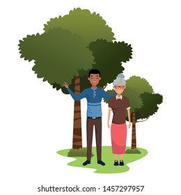 Family old mother with adultt son smiling and greeting in nature outdoors scenery ,vector illustration graphic design.