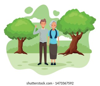 Family old mother with adultt son smiling and greeting in the nature park scenery vector illustration graphic design