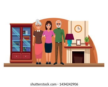 Family old parents with adult daughter inside home with furniture scenery vector illustration