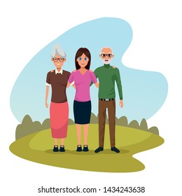 Family old parents with adult daughter at nature outdoors cartoons vector illustration