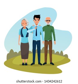 Family old parents with adult son at nature outdoors cartoons vector illustration