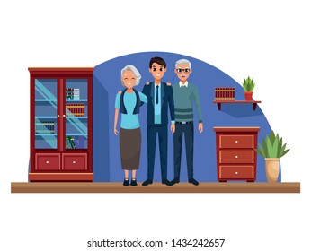Family old parents with adult son inside home with furniture scenery vector illustration