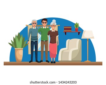 Family old parents with adult son inside home with furniture scenery vector illustration