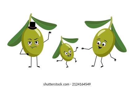 Family of olive fruit characters with happy emotions, smile face, happy eyes, arms and legs. Mom is happy, dad is wearing hat and child is dancing. Vector flat illustration